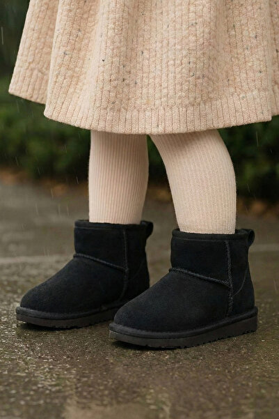 Tonny Black Girl's Black Poly Sole Fur Lined Suede Look Boots