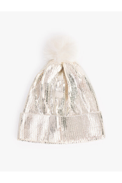 Koton Pompom Sequined Knitwear Shiny Layered Beret