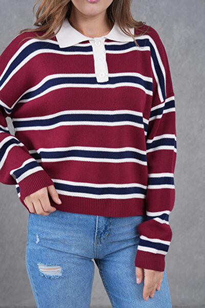 Park Karon Women's Polo Neck Striped Soft Textured Oversized Knitwear Sweater