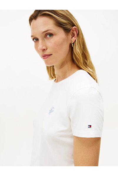 Tommy Hilfiger Women's Brand Logo Detailed Striped Regular Fit Short Sleeve White T-Shirt Ww0Ww47809-Ybl