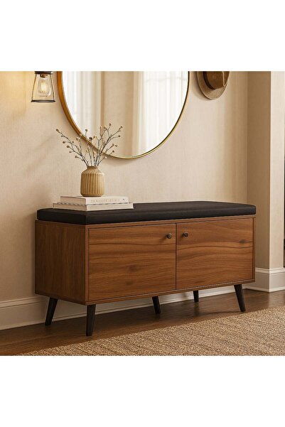 Vi Markets An elegant wooden bench with a black cushion and practical storage...