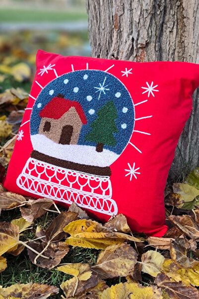 Sevim Husă pentru pernă roșie brodată cu tematică de Anul Nou-Sferă de zăpadă-43x43 cm