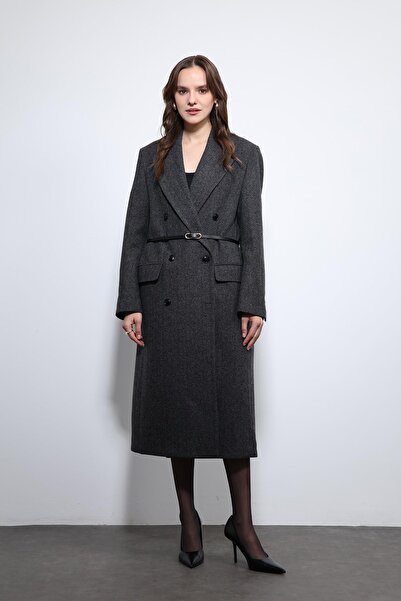 Antioch Anthracite Herringbone Patterned Belted Coat