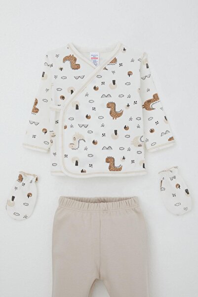 Breeze Baby Boy Hospital Release 5-Piece Set Nature-Themed Cute Little Dinosaur Patterned 0-3 Months, Ecru