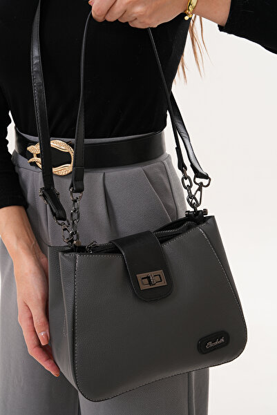 Morpelikan Geantă de umăr pentru femei, cu trei compartimente, cu închidere cu blocare, cu curea reglabilă pentru umăr și curea încrucișată, de culoare gri închis.