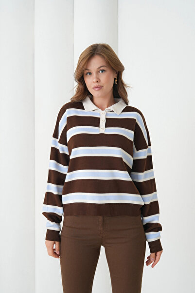 Park Karon Women's Polo Neck Striped Soft Textured Oversized Knitwear Sweater