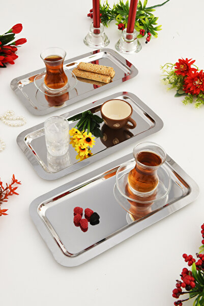 AKSESUAR EVRENİ Dalin Silver Rectangular Stainless Steel Set of 3 Tea Coffee Serving Presentation Tray
