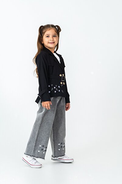 CLOUDY WEAR&DESİGN Kız Çocuk Nakış Detaylı Pembe Trençkot&Çiçekli Jean&Tişört 3'lü Takım