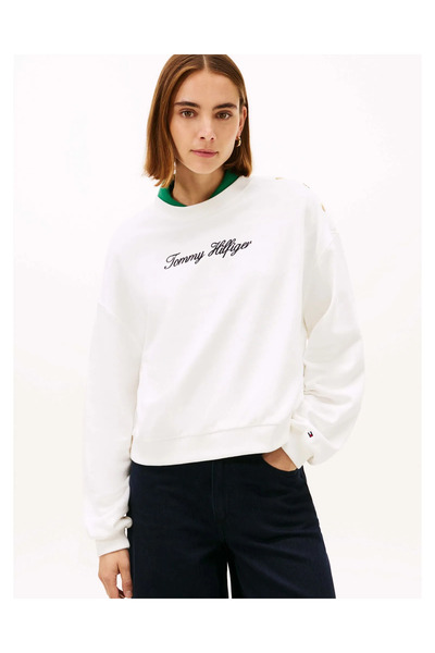 Tommy Hilfiger Kadın Pamuklu Bisiklet Yaka Uzun Kollu Beyaz Sweatshirt WW0WW4...