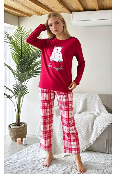 CARLA MARA Plaid Teddy Bear Printed Red Pajama Set