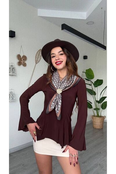modadagiyim Burgundy Scarf Detail Asymmetrical Cut Spanish Sleeve Very Stylish Blouse