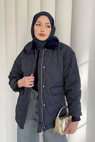 Modaensarbutik Yakası Kürklü Kapitone Şişme Mont-LACİVERT