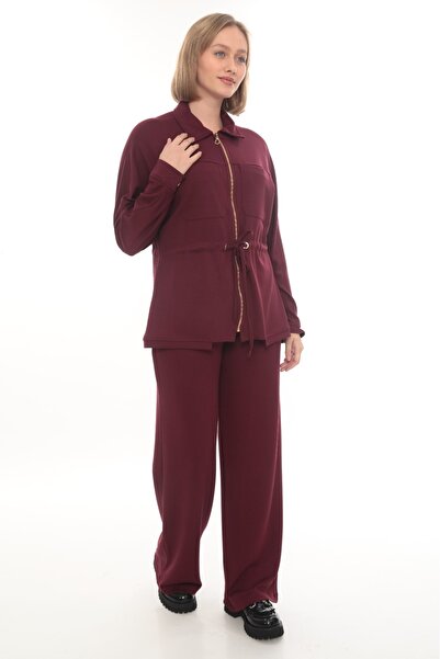 zitex Gold Zipper Detailed Zr Model Modal Fabric Tracksuit Set with Gathered Waist