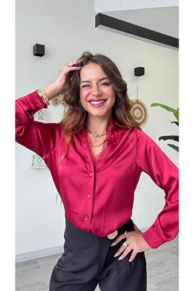 modadagiyim Red Women's Satin Lace Detail Premium Shirt