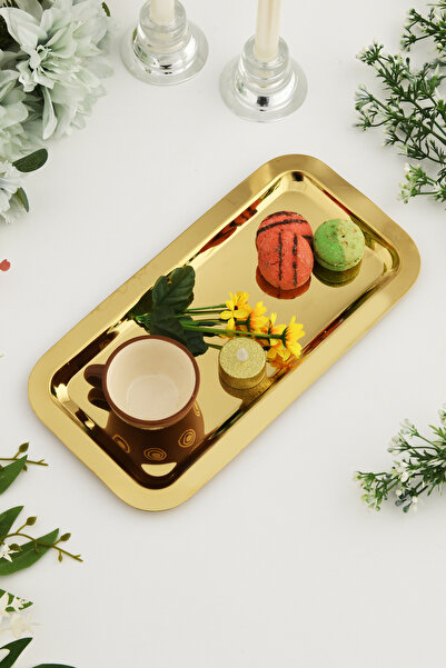 AKSESUAR EVRENİ Dalin Gold Dikdörtgen Paslanmaz Çelik Tekli Çay Kahve Servis Sunum Tepsisi