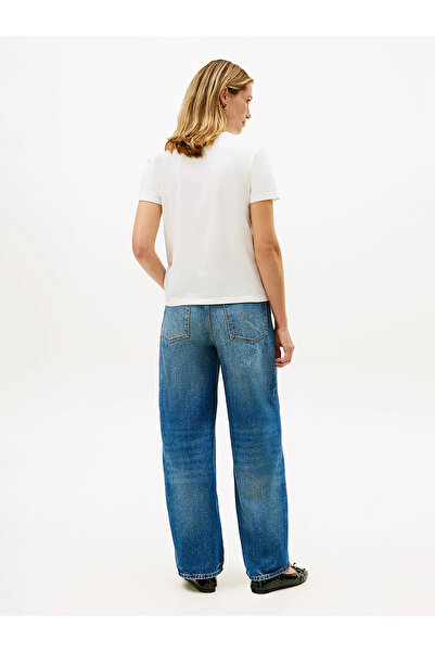 Tommy Hilfiger Women's Brand Logo Detailed Striped Regular Fit Short Sleeve White T-Shirt Ww0Ww47809-Ybl