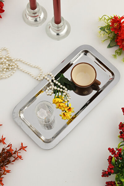 AKSESUAR EVRENİ Dalin Silver Rectangular Stainless Steel Single Tea Coffee Serving Presentation Tray