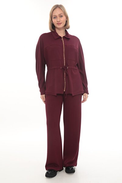 zitex Gold Zipper Detailed Zr Model Modal Fabric Tracksuit Set with Gathered Waist