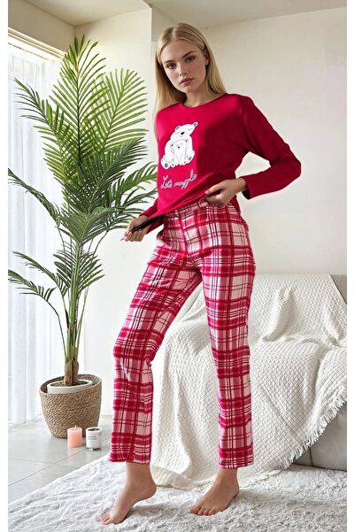 CARLA MARA Plaid Teddy Bear Printed Red Pajama Set
