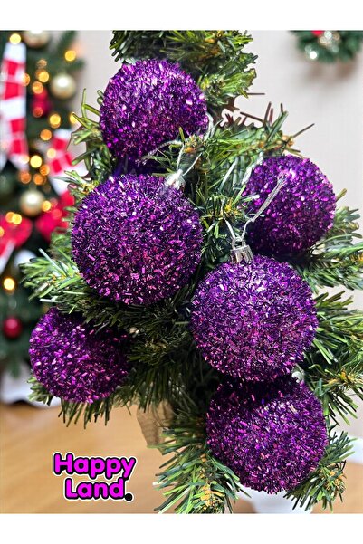 Happyland Christmas Tree Pine Tree Ornament Purple Color Sequin Glitter Model 6 Pieces 6 cm Christmas Ball