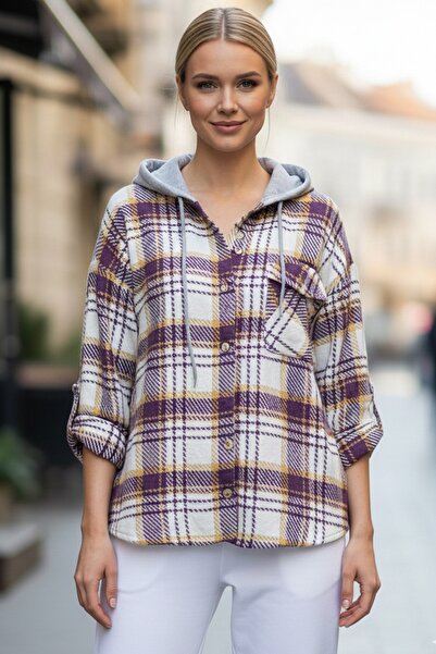 Chiccy Cămașă țesută în carouri cu mâneci lungi, alb-liliac, cu buzunare cu nasturi 68 65