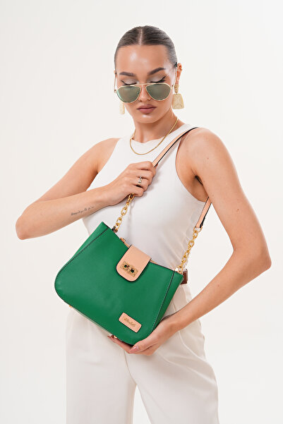 Morpelikan Women's Three-Compartment Lock Closure Adjustable Shoulder and Crossbody Strap Green Shoulder Bag