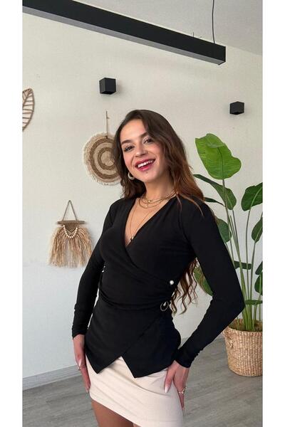 modadagiyim Red V-Neck Side Buckle Detail Asymmetrical Cut Very Stylish Long Sleeve Blouse