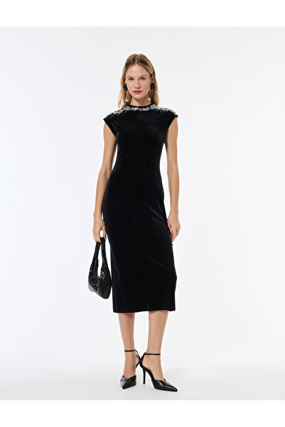 Koton Lightweight Mock Neck Sleeveless Midi Length Rhinestone Velvet Dress