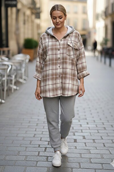 Chiccy Milky Brown Hooded Long Sleeve Lumberjack Plaid Button Pocket Woven Shirt 68 65