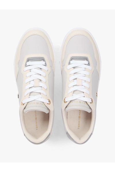 Tommy Hilfiger Women's Leather Comfortable Sole Th Metal Logo Lace-Up Beige Sneaker Fw0Fw09022-0F6