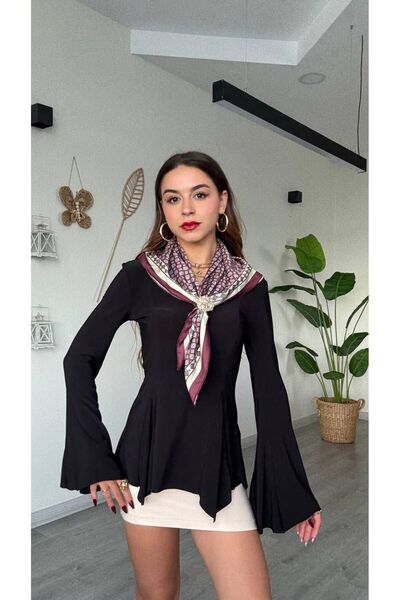 modadagiyim Burgundy Scarf Detail Asymmetrical Cut Spanish Sleeve Very Stylish Blouse