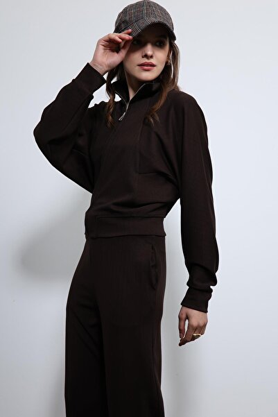 Antioch Brown Wide-Leg Striped Tracksuit Set