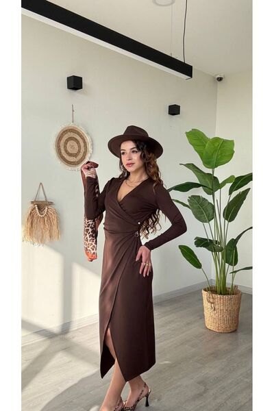 modadagiyim Red V-Neck Asymmetrical Cut Waist Buckle Detail Midi Very Stylish Dress