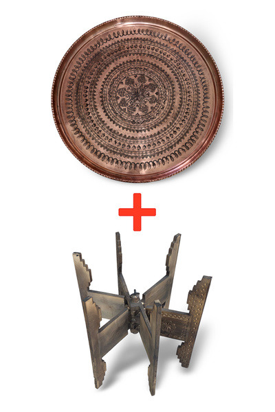 Binbir Trend 62 cm Hand Embroidered Authentic Patterned Thick Urfa Copper Tray + Foldable Coffee Table - Copper-Tps496