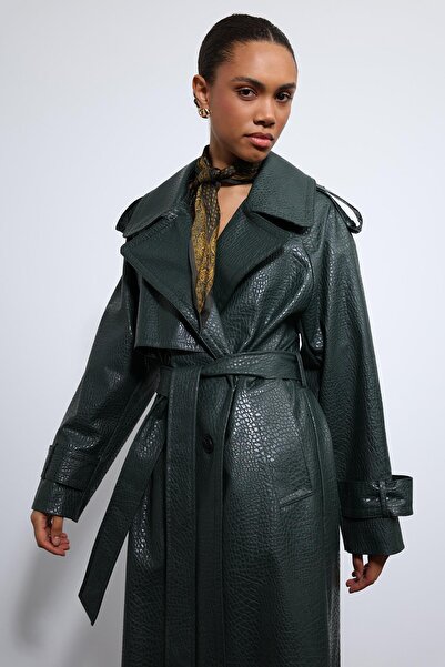 Antioch Khaki Textured Faux Leather Trench Coat