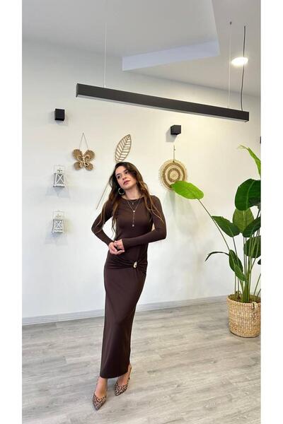 modadagiyim Burgundy Waist Gathered Self-Belt Detailed Crew Neck Long Sleeve Midi Very Stylish Dress