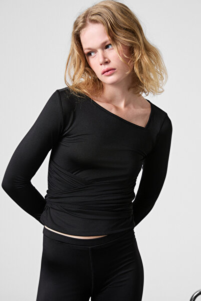 GRIMELANGE Thorn women's asymmetric neckline front tie functional lacing long sleeve black blouse with stretch fabric