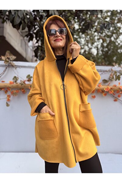 DenizEge Women's Italian K Hooded Nubuck Coat Mustard