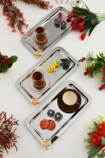 AKSESUAR EVRENİ Kumbet Silver Rectangular Stainless Steel Gold Flower and Stone Detailed 3-Piece Coffee Serving Presentation Tray