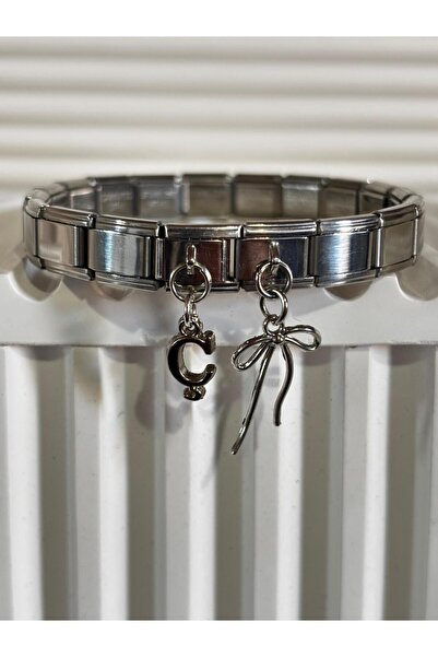 bijoux uniques سوار إيطالي من الفولاذ مع شريط على شكل حرف C