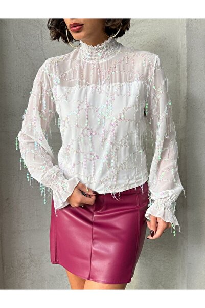 TOPSHOW Long Sleeve Blouse with Colorful Fringe Detail