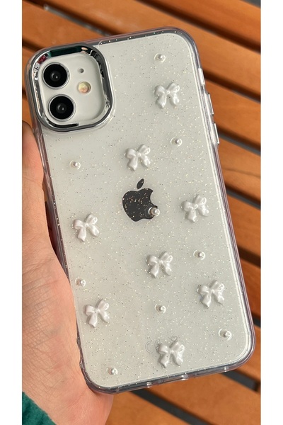 EDELFU آيفون 11 - غطاء شفاف بنمط فيونكة بيضاء لامعة مع بروز للكاميرا