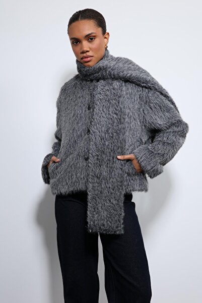 Antioch Anthracite Scarf Collar Faux Fur Coat