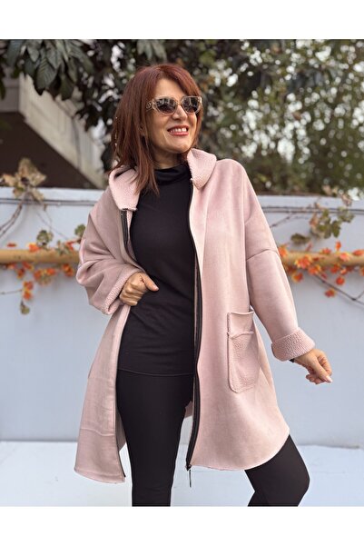 DenizEge Women's Italian K Hooded Nubuck Coat Powder