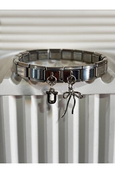 bijoux uniques سوار إيطالي من الفولاذ مع شريط على شكل حرف U