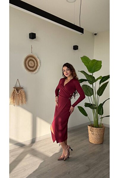 modadagiyim Red V-Neck Asymmetrical Cut Waist Buckle Detail Midi Very Stylish Dress