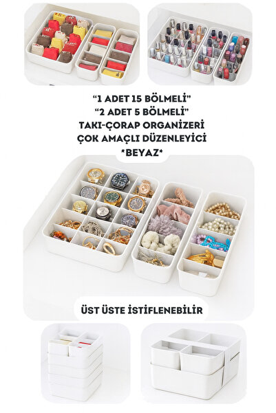 Mutfak Köşesi 3-Piece Set of Compartmented Makeup and Jewelry Organizer, Bathroom Kitchen Organizer - 1 Piece with 15 Compartments, 2 Pieces with 5 Compartments White