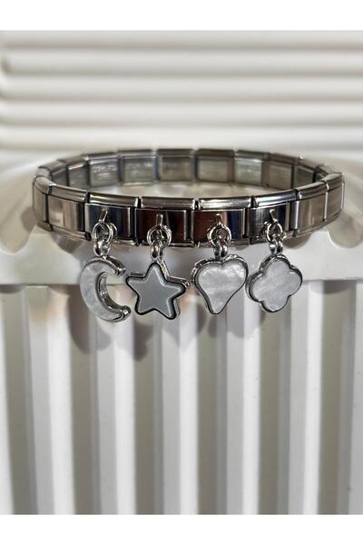 bijoux uniques özel seri Ay&yıldız&kalp&yonca taşlı italyan charm bileklik