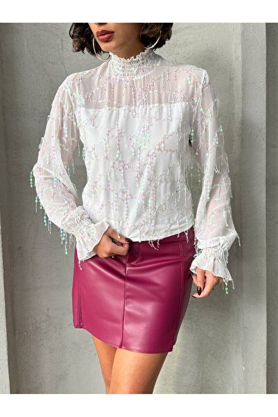 TOPSHOW Long Sleeve Blouse with Colorful Fringe Detail