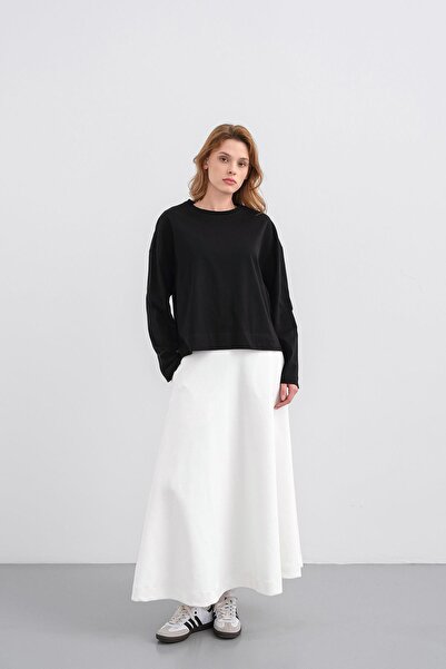 Basicpark Siyah Kadın Bisiklet Yaka Etek Yırtmaçlı %100 Pamuk Oversize Basic Sweatshirt